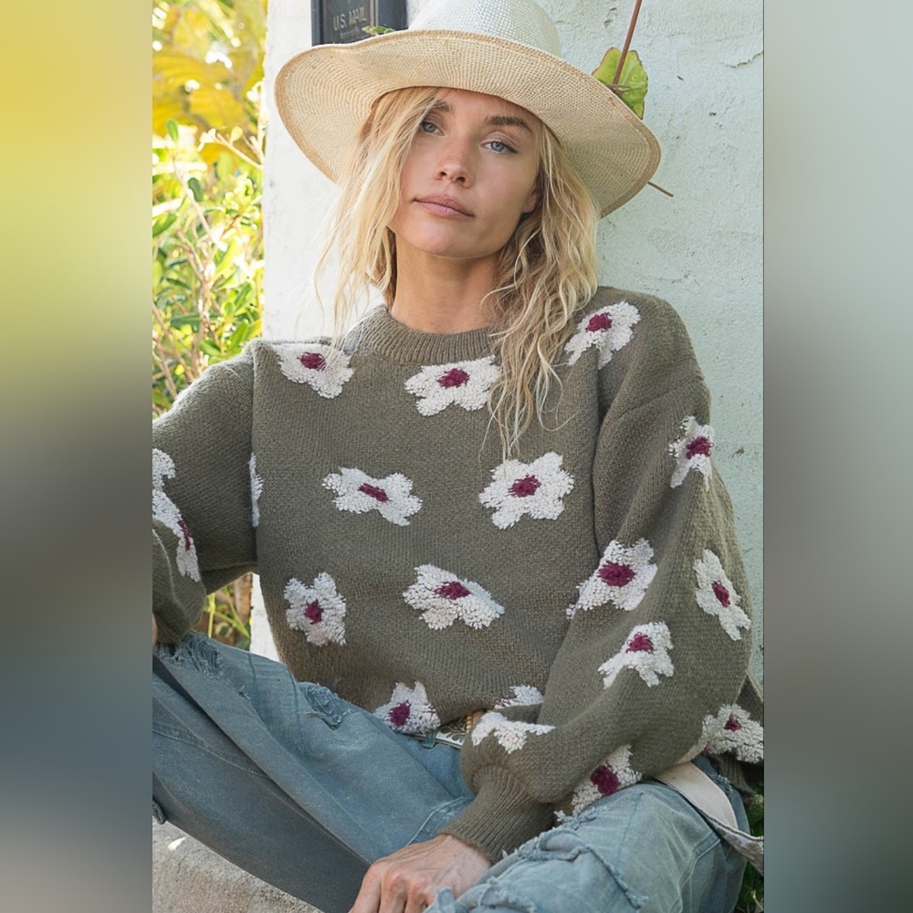 POL Gray Daisy Pattern Drop Shoulder Sweater
